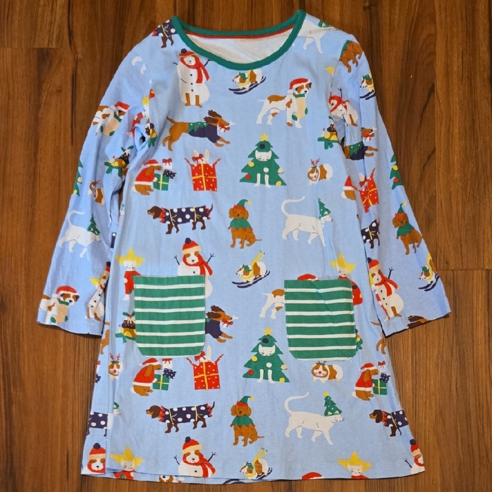 Festive Blue Long Sleeve Dress with Holiday Print 7Y